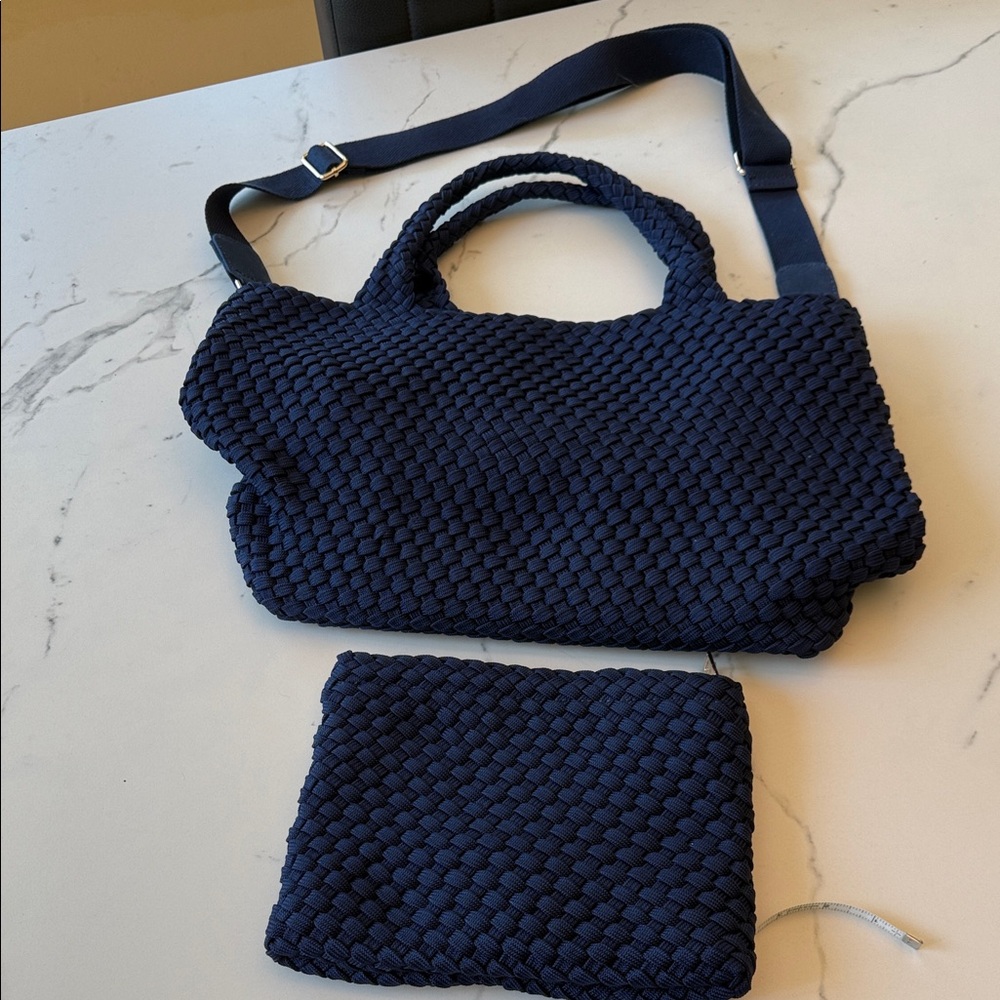 Elegant Navy Woven Shoulder Bag with Pouch